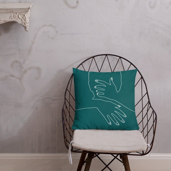 Embrace 18 X 18 Tasteful Teal And White Minimalist Line Art Master Bedroom Throw Pillow Him Her Kiss Sensual Valentine S Day Decor