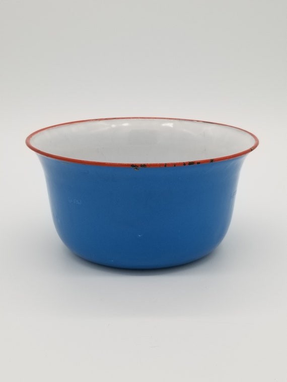 Vintage Czechoslavakian Enamelware Bowl Blue with Red rimWhite Interior