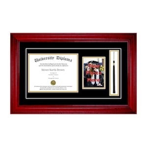 May include: A framed university diploma and photo display. The frame is a dark red-brown color with a black matting. The diploma is for Steven Kurtis Brown, with a photo area and a black tassel.