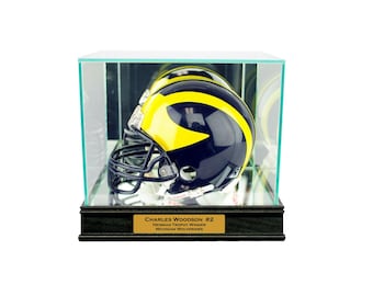 Mini Helmet Glass Display Case | Real Glass - Real Wood | UV Protected Baseball Case | Upgrade for Custom Engraving