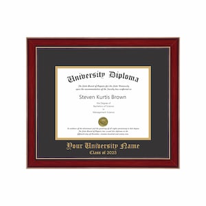 May include: A rectangular diploma frame with a dark cherry wood finish, featuring a black mat with gold trim. The diploma displays the text University Diploma, Steven Kurtis Brown, Bachelors of Science in Management Science, and Your University Name.
