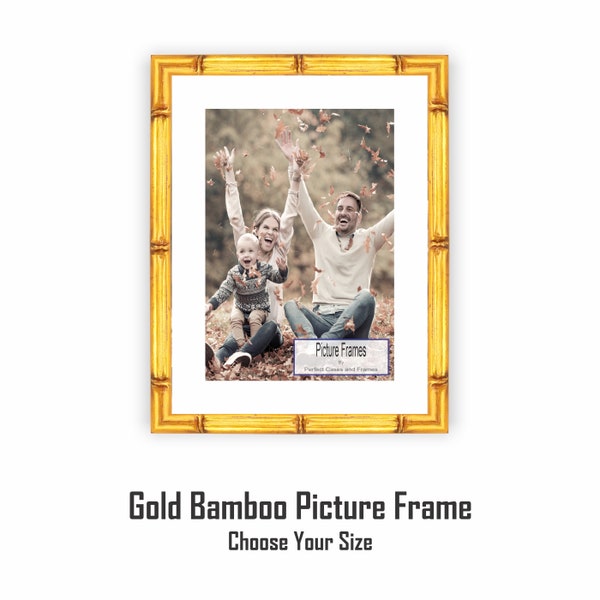 Gold Bamboo Wood Picture Frame with White Mat | For Photos and Wall Art | Real Wood Moulding and Glass Protection | 8x10 11x14 16x20 18x24