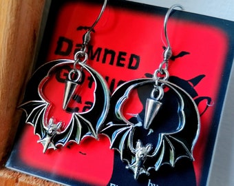 GOTHIC EARRINGS - Bat Earrings, Silvered Spike Earrings, Post-punk, Trad Goth - &quot;Black Bat&quot; Damned_Gothic_Cat by Fidel The Retrocat
