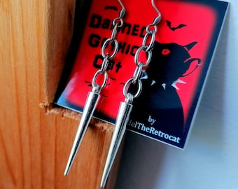 PUNK EARRINGS Silvered Spike Earrings, Minimal Earrings, Postpunk Traditional Jewelry - &quot;Chain Stud&quot; DamnedGothicCat by Fidel The Retrocat