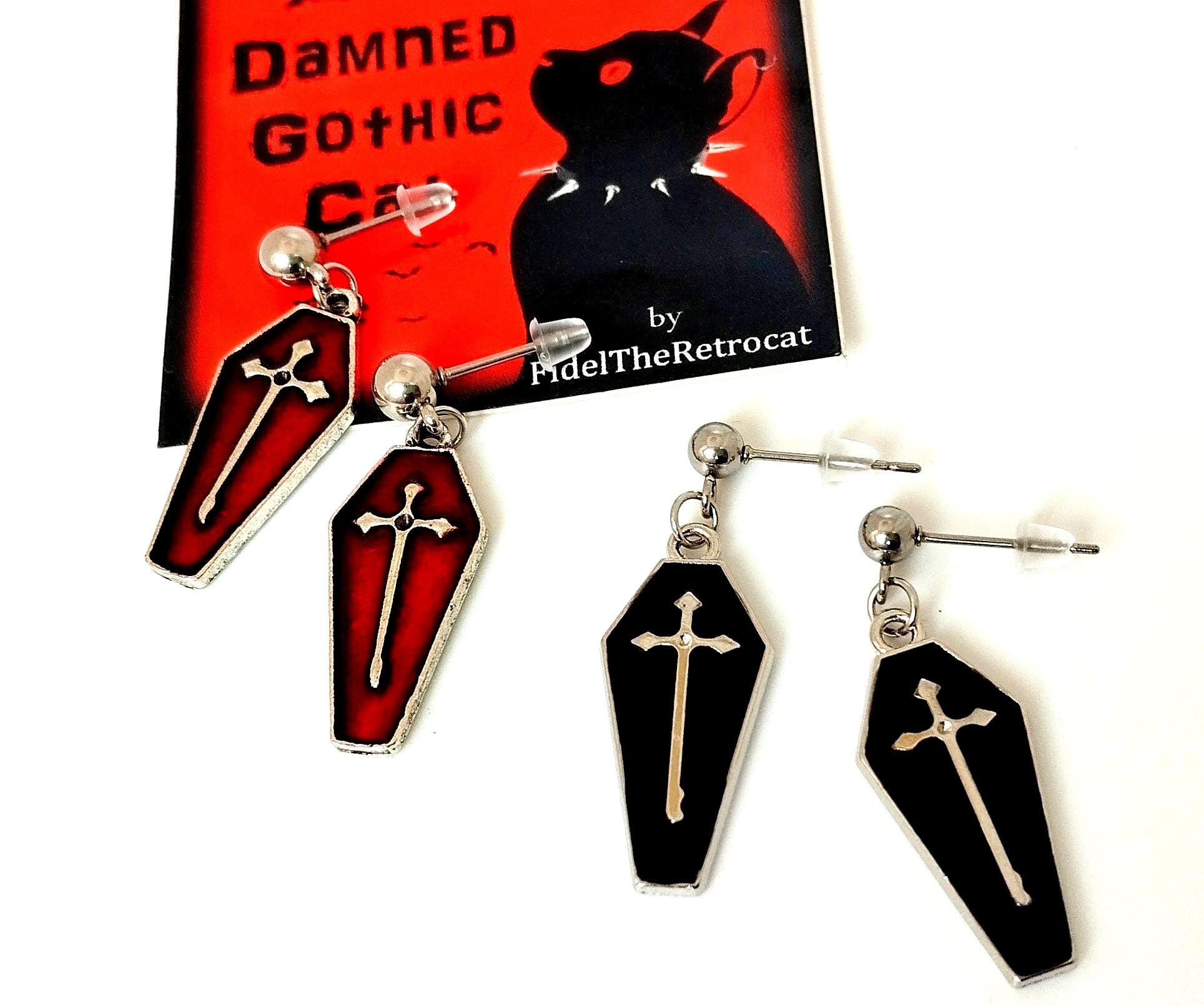 GOTH EARRINGS -Black and Red Coffin Earrings, Post-punk , Deathrock, Trad Goth - "Black/Red Death" Damned Gothic Cat by Fidel The Retrocat