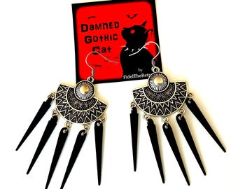TRAD GOTHIC EARRINGS -Black Spike Earrings, Art Deco, Post-punk traditional Jewelry - &quot;Art Noir&quot; Damned Gothic Cat by Fidel The Retrocat