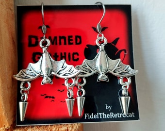 TRAD GOTH EARRINGS - Bat Earrings, Silvered Spike Earrings, Post-punk, Trad Goth - &quot;Hypsugo Savii&quot; Damned_Gothic_Cat by Fidel The Retrocat