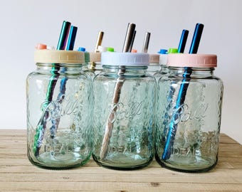 32oz Leakproof Mason Jar Cup | Ball Seafoam Green Jar | Iced Coffee Cup | Glass Tumbler | Custom Lid & Straw | Eco-Friendly Jar