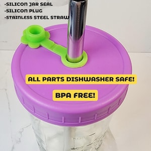 K&ouml;nnte beinhalten: Ein 710 ml Azure-Glas mit violettem Weithalsdeckel, gr&uuml;ner Silikondichtung, gr&uuml;nem Silikonstopfen und Edelstahlstrohhalm. Text: WHAT YOU'LL GET: 24 OZ AZURE JAR, WIDE MOUTH JAR LID, SILICON JAR SEAL, SILICON PLUG, STAINLESS STEEL STRAW, ALL PARTS DISHWASHER SAFE!, BPA FREE!