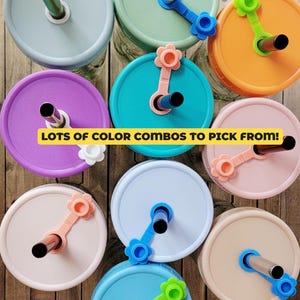 K&ouml;nnte beinhalten: Eine Sammlung runder Becherdeckel in verschiedenen Pastell- und leuchtenden Farben, jeweils mit einem blumenf&ouml;rmigen Strohhalmverschluss und einem Metallstrohhalm. Der Text LOTS OF COLOR COMBOS TO PICK FROM! ist mittig platziert.