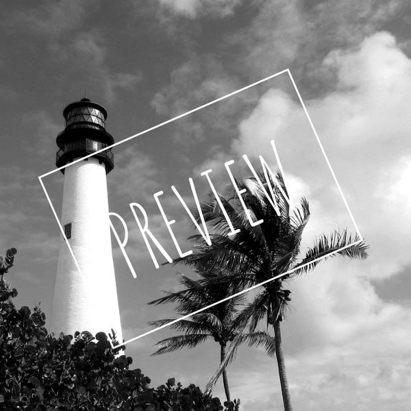 Cape Florida Lighthouse Photo in Black & White- 12"x12" Frame Size Format (10"x10" image size) Digital Download