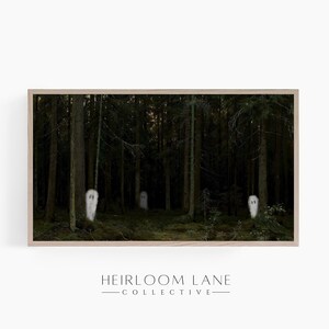 May include: A digital illustration of three white ghosts in a dark forest. The ghosts have two black eyes and are standing in the middle of the trees.