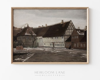 Verschneites Dorf Straßenbild | Druckbarer digitaler Download | Vintage Weihnachtsdruck | Weihnachtsmalerei | Winter Gemälde Druck | Winter Art