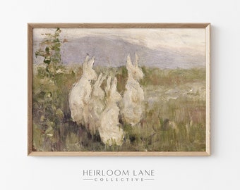 Bunnies in a Field Art | Printable Digital Download | Vintage Easter Print | Spring Artwork | Rabbit Painting | Vintage Bunny Painting Art