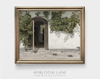 Cottage Open Door Vintage Painting: Farmhouse Summer Print (Digital Download)