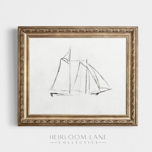 Vintage Sailboat Minimalist Sketch Art Print | Printable Digital Download | Ship Art Drawing | Graphite Etching | Boat Drawing Sketch | 8163