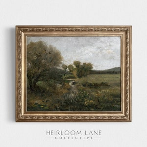 Vintage Landscape Field Digital Download | Meadow Artwork | Creek Painting Wall Art | Neutral Landscape Print Decor | Stream Painting 8256