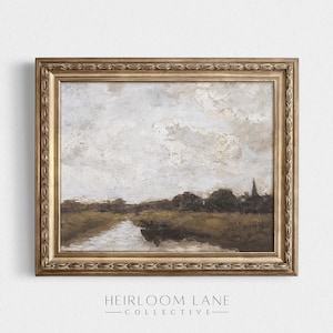 Vintage River Landscape Field Digital Download | Autum Artwork | Vintage Painting Wall Art | Neutral Fall Decor | Meadow Painting | 8264