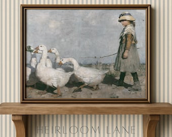 Vintage Girl with Geese Print Digital Download | Summer Painting | French Country Artwork | Spring Easter Farmhouse Nursery Goose Art | 8229