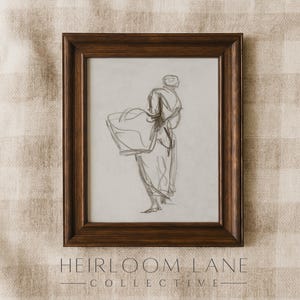 Vintage Woman with Laundry Basket Print | Digital Download Farmhouse Sketch Artwork Country Cottage Drawing | Laundry Room Print Art | 8226
