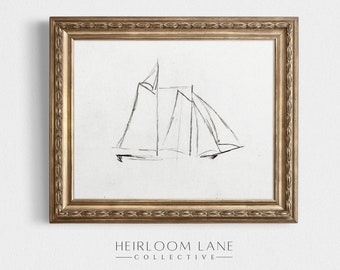 Vintage Sailboat Minimalist Sketch Art Print | Printable Digital Download | Ship Art Drawing | Graphite Etching | Boat Drawing Sketch | 8163