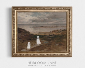 Vintage Halloween Ghost Beach Painting: Spooky Autumn Landscape (Digital Download)
