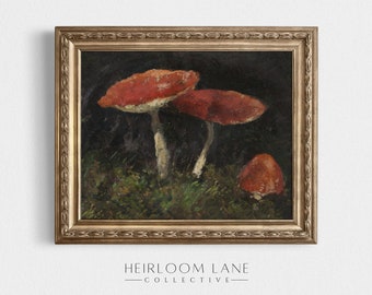 Vintage Mushroom Painting Instant Digital Download | Moody Fall Halloween Wall Art | Red Mushrooms Forest Woods Artwork Print | 8199