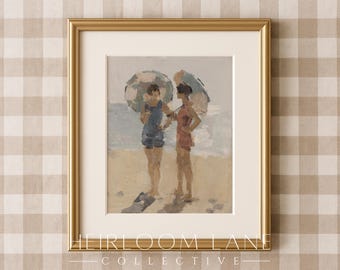 Retro Ladies at the Beach Ocean Print Digital Art Download | Summer Nautical Artwork | Country Cottage | Vintage Umbrella Sea Print | 8225