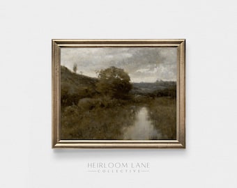 May include: A framed painting of a landscape with a river flowing through a field. The sky is cloudy and the colors are muted.