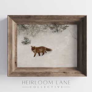 Vintage Fox in the Snow Winter Print | Printable Digital Download | Holiday Red Print | Christmas Landscape Artwork | Snowy Art | 8289