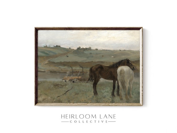 Horses in a Field Art | Printable Digital Download | Vintage Easter Print | Spring Artwork | Horse Painting | Vintage Equestrian Art | 8148