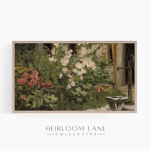 May include: A painting of a garden scene with a well pump in the background. The garden is filled with lush greenery, white flowers, and pink flowers. The well pump is made of wood and metal and has a handle.