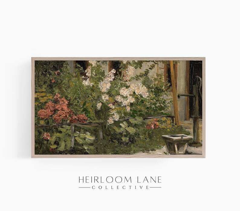 May include: A painting of a garden scene with a well pump in the background. The garden is filled with lush greenery, white flowers, and pink flowers. The well pump is made of wood and metal and has a handle.