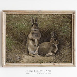 K&ouml;nnte beinhalten: Ein Vintage-Gem&auml;lde in einem hellen Holzrahmen, das zwei braune Kaninchen in einem grasbewachsenen Feld zeigt.