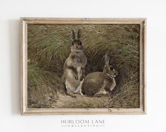 Impresión de conejitos en el campo / Descarga digital imprimible / Arte vintage de Pascua / Arte de primavera / Pintura de conejos / Arte vintage de pintura de conejitos