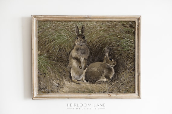 Bunnies in a Field Print | Printable Digital Download | Vintage Easter Art | Spring Artwork | Rabbit Painting | Vintage Bunny Painting Art