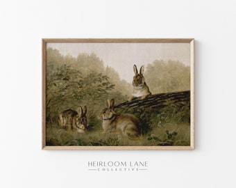 Conejitos en un arte de troncos / Descarga digital imprimible / Impresión de Pascua vintage / Obra de arte de primavera / Pintura de conejo / Pintura de conejito vintage 8106