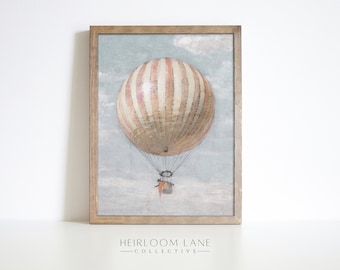 Vintage Hot Air Balloon Print Instant Digital Download | Nursery Wall Art | Pink Girls Room Home Decor | Vintage Playroom Artwork | 8148