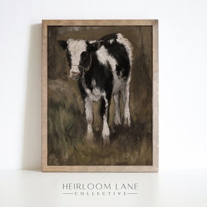 Vintage Cow Print Instant Digital Download | Vintage Wall Art | Moody Home Decor Print | Calf Painting | Cow Artwork | Vintage Farmhouse Art