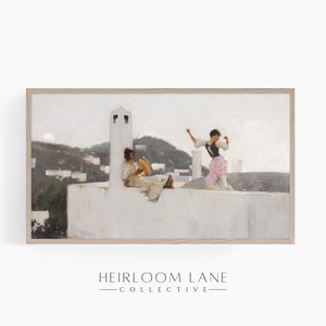 Puede incluir: Una pintura de dos personas en una azotea. La persona de la izquierda está tocando un pandero, mientras que la persona de la derecha está bailando. El fondo es una ciudad con una colina en la distancia.