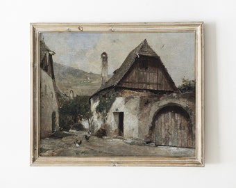 【ヴィンテージ絵画】ヨーロッパ絵画 風景画 ヴィンテージヨーロッパの村の絵画、アンティークな屋上プリント、田舎