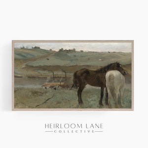 May include: A painting of two horses standing in a field. The horses are brown and white, and they are standing close together. The background of the painting is a green field with a small village in the distance.