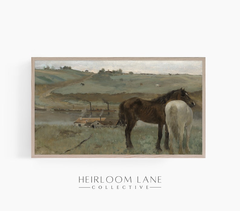 May include: A painting of two horses standing in a field. The horses are brown and white, and they are standing close together. The background of the painting is a green field with a small village in the distance.
