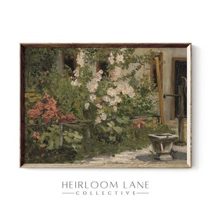 May include: A framed painting depicting a garden scene with a white picket fence, lush greenery, and a well pump. The painting features a variety of flowers in shades of pink, white, and red.