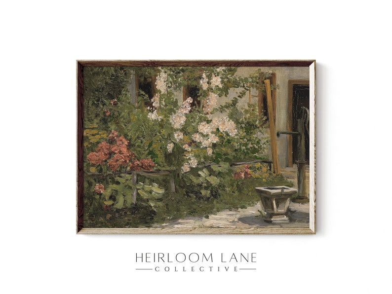 May include: A framed painting depicting a garden scene with a white picket fence, lush greenery, and a well pump. The painting features a variety of flowers in shades of pink, white, and red.