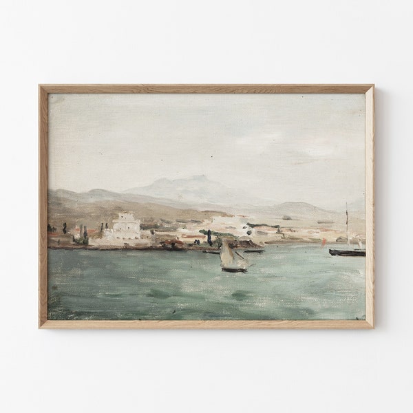 Vintage Mediterranean Village Print Digital Download | Ocean Artwork | Vintage Painting Wall Art | Neutral Home Decor | Coastal Painting