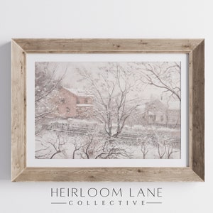 Vintage Pink Winter Cottage Print: Christmas Holiday Home Art (Digital Download)