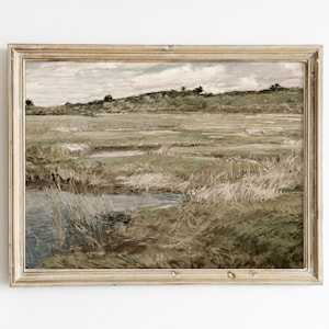 Puede incluir: Una pintura enmarcada de un paisaje con un campo de hierba y un pequeño arroyo. El cielo está nublado y los colores son apagados.