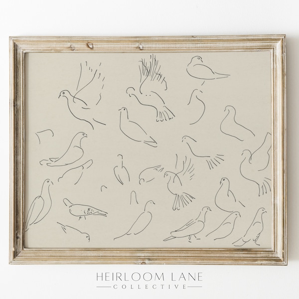 Vintage Doves Sketch Print LARGE SCALE | Printable Digital Download | Vintage Print | Spring Art Drawing | Graphite Etching | Bird Sketch