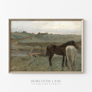 May include: A vintage painting of two horses standing in a field. The horses are brown and white, and they are standing close together. The background is a landscape with rolling hills and a small village in the distance.